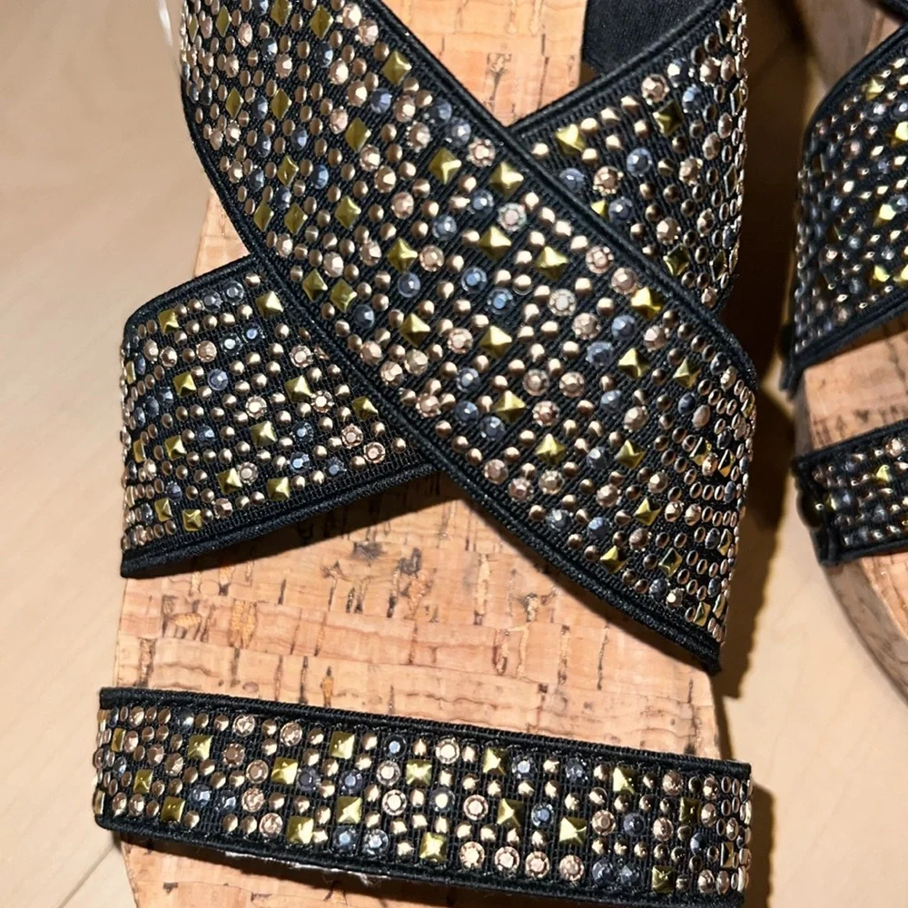 XOXO Black Gold Stud Strap Cork Wedge Slide Sandals NWOT